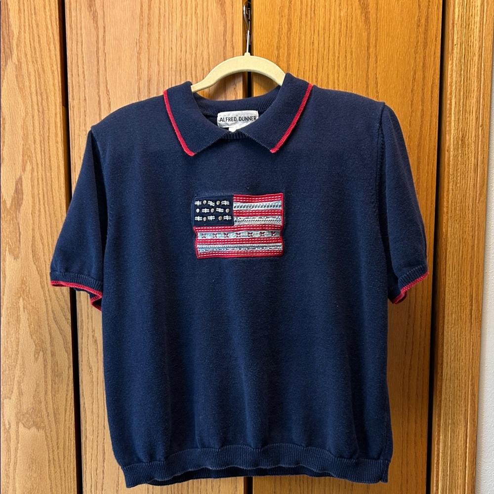 Vintage Alfred Dunner Navy Knit Polo with Red Trim and Flag Patch